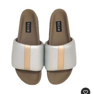 ROAM Stripe Slider Puffer Slides Silver Gold Vegan Leather Comfort Sandals 9 NWT